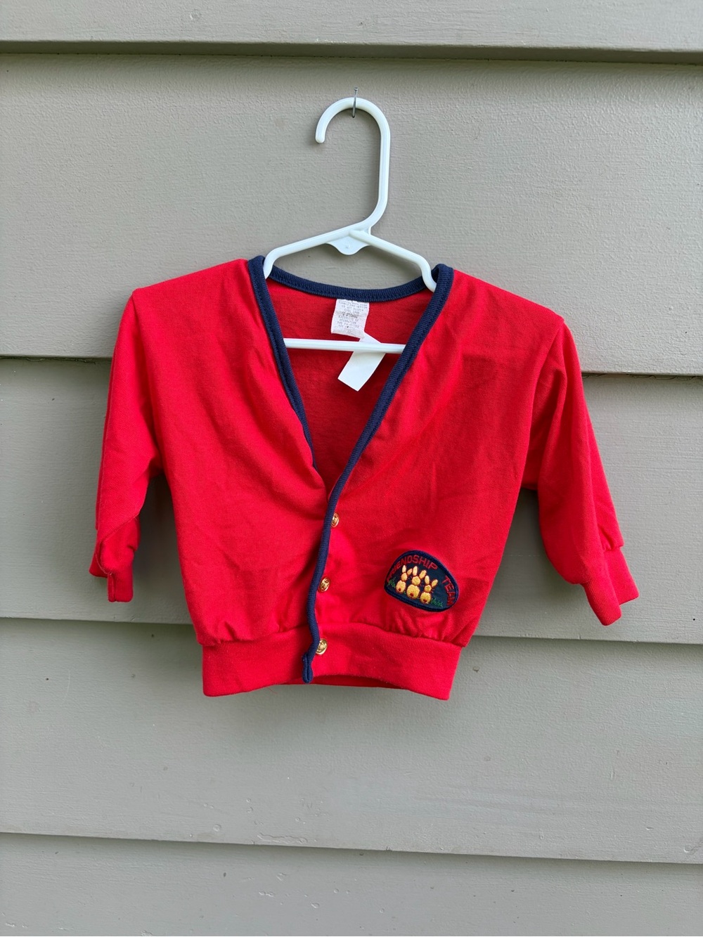 Vintage Toddler Red Button-Front Cardigan with Navy Trim